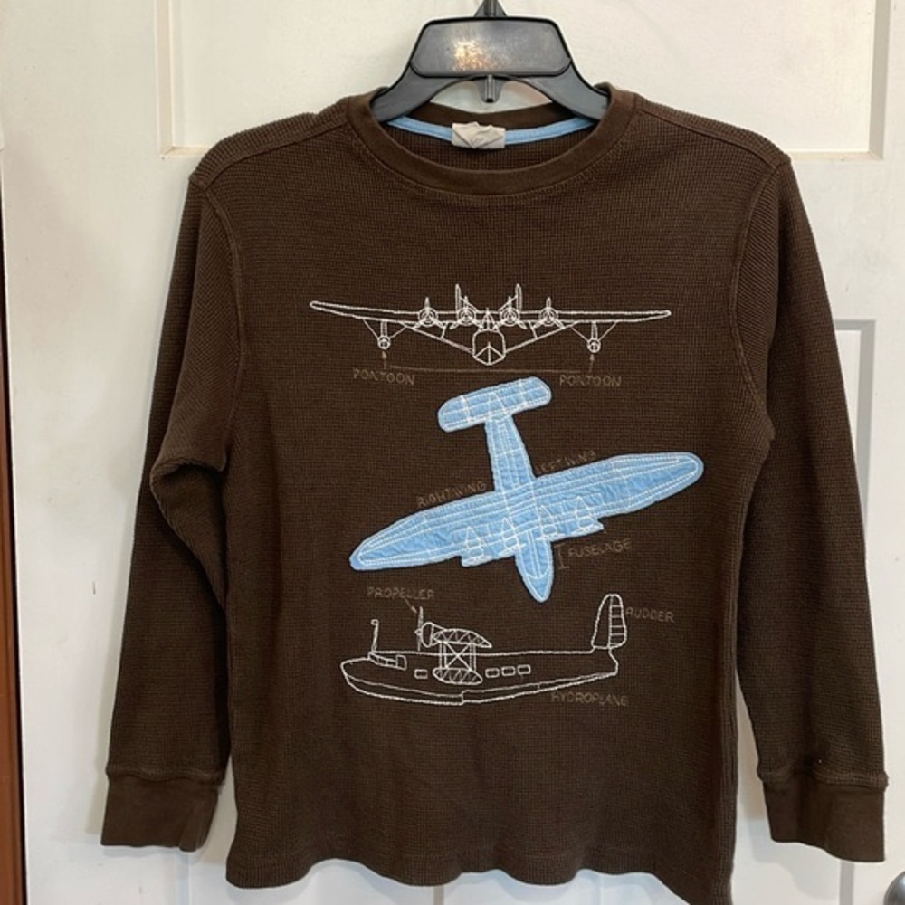 Boys Waffle Knit Long Sleeve Brown Fall Embroidered Airplanes Aviation Shirt